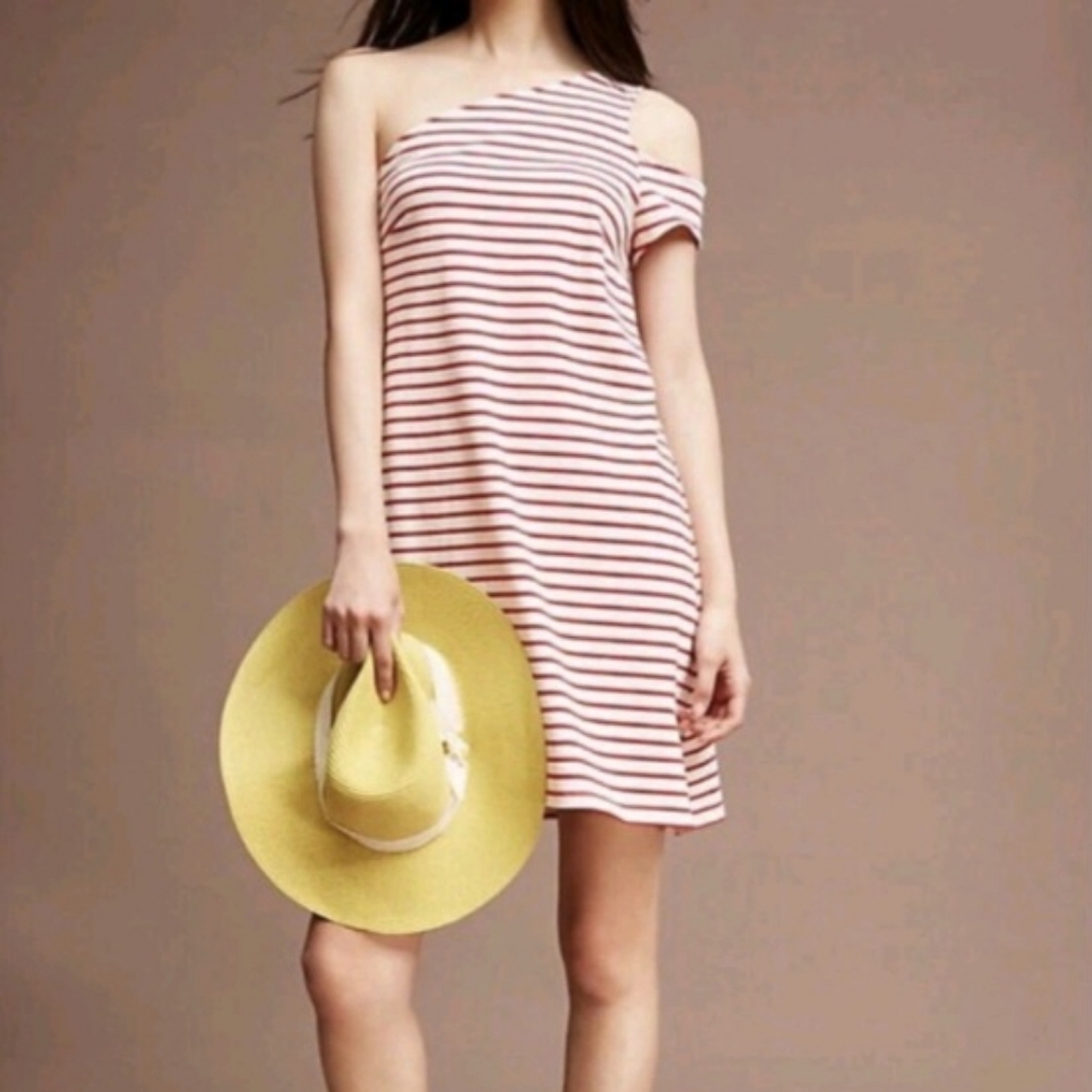 Mauve Red White Striped One-Shoulder Dress Size Medium